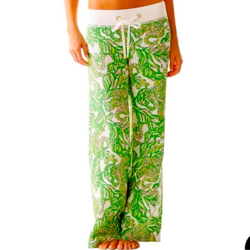 Lilly Pulitzer Green White Printed Drawstring Wide-Leg Pants